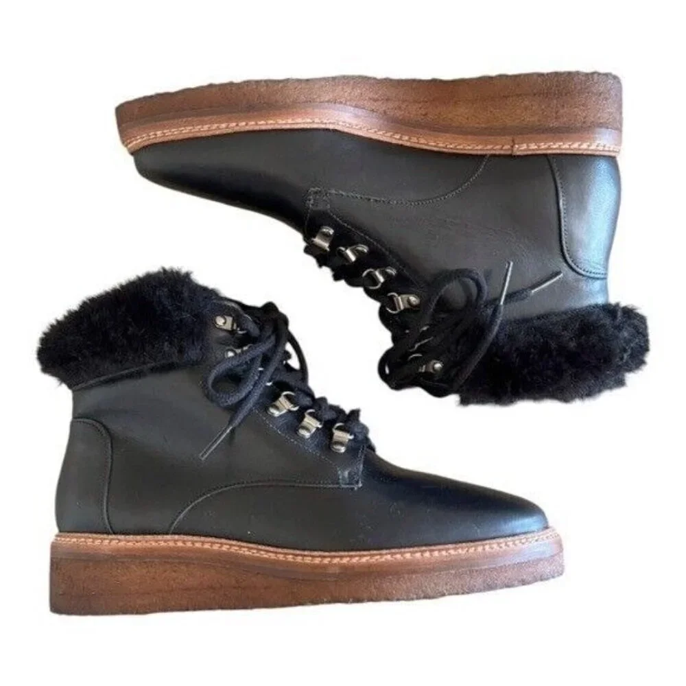 BOTKIER Winter Hiking Boots Faux Fur Collar Black Leather